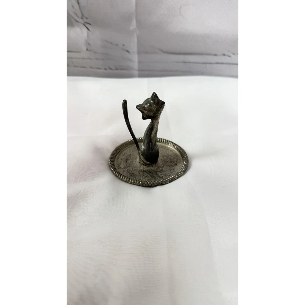 Vintage CAT Sitting Tall Long Tail Ring & Jewelry Holder EP Zinc Alloy Silver
